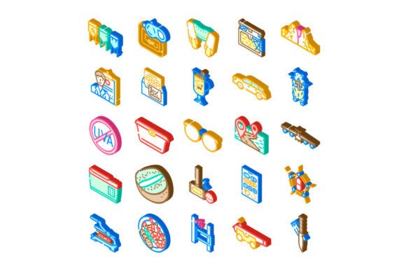 Isometric Line Art Icons for Various Con